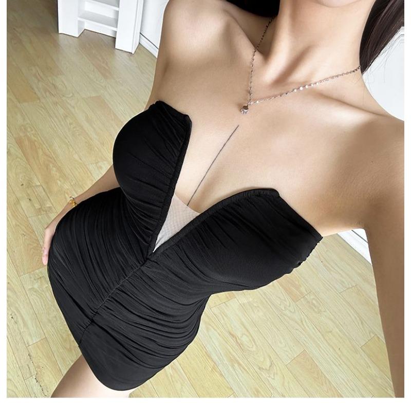 Women's Strapless Deep V Neck Ruched Bodycon Mini Mesh Party Clubwear Short Dress