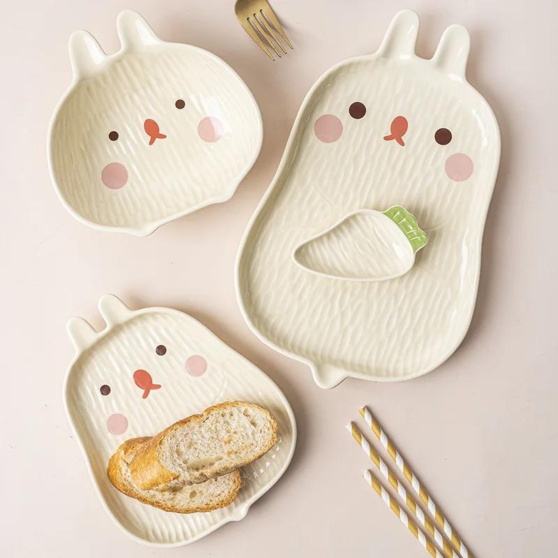 Korean Style Ceramic Household Tableware,Cute Rabbit Dish,Dim Sum Dish,Rice Bowl,Fruit Bowl,Salad Flavor Dish,Specialty Plates
