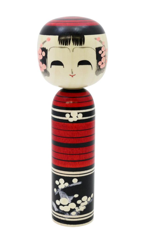 Traditional Red Plum Kokeshi Doll, 6 inches tall, Japanese souvenir, Made in Japan