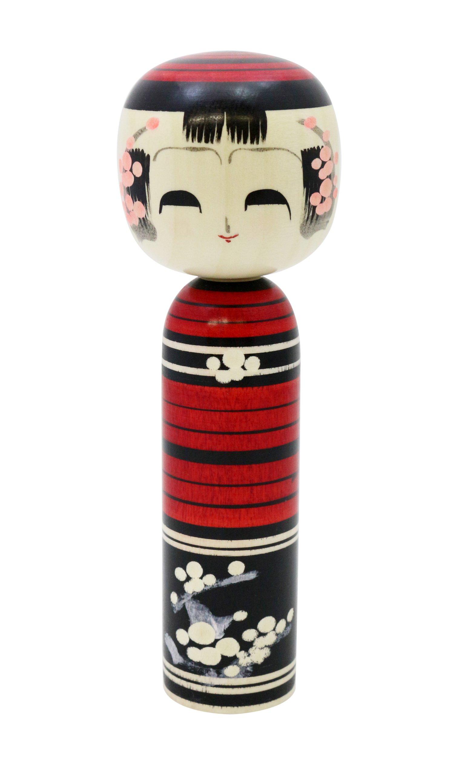 Traditional Red Plum Kokeshi Doll, 6 inches tall, Japanese souvenir, Made in Japan