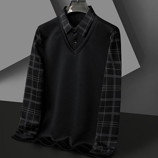 Fall Winter Men Sweater Fake Two-piece Lapel Plaid Slim Fit Thick Plush Warm Knitted Soft Long Sleeve Pullover Formal Business Style Mid-aged Men Top