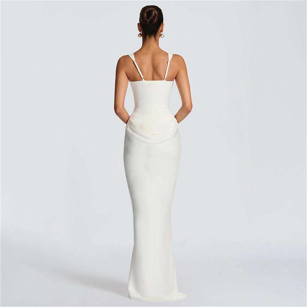 2026 Spring European & American Style Square Neck Pleated Spaghetti Strap Waist-Cinched Hip-Hugging Long Dress