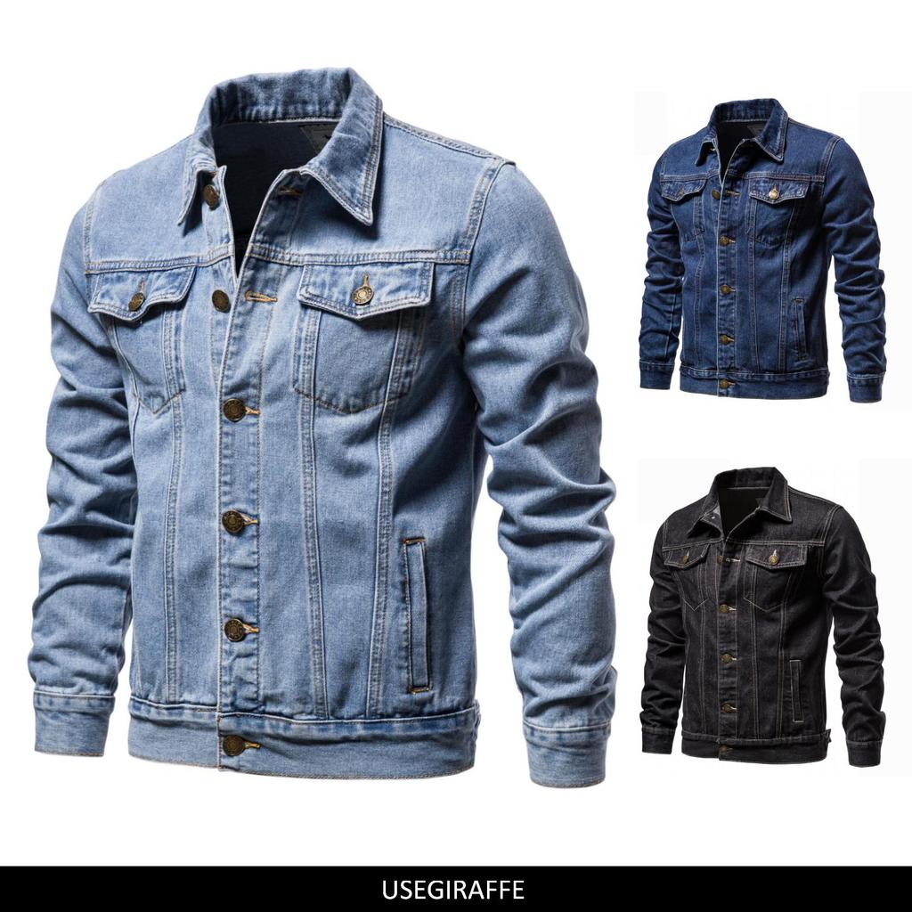 Cotton Men Denim Jacket  Casual Solid Color Lapel Single Breasted Jean Jackets Autumn Long Sleeve Mens Coat