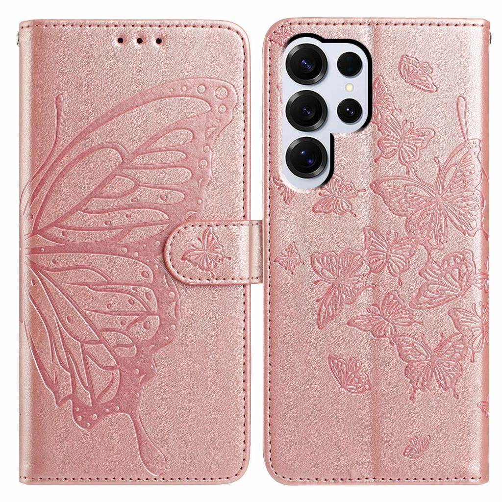 For Samsung Galaxy S25 Ultra Case Butterfly Imprinted Wallet Stand PU Leather Flip Phone Cover with Strap