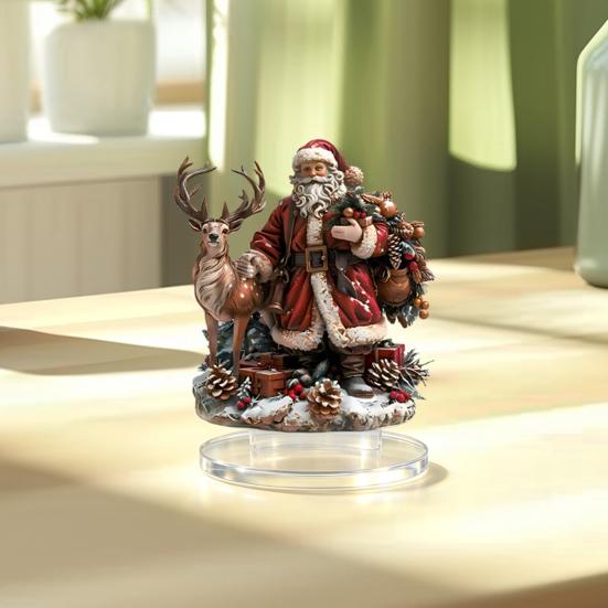 Santa Claus Desktop Ornaments Christmas Reindeer Tabletop Ornament, 2D Acrylic Lightweight Holiday Table Figurines Decor for Fireplace Living
