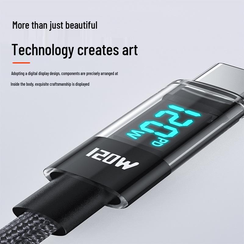 120W Type-C Fast Charging Cable with Digital Display - Compatible with Apple 15/17, Huawei, Xiaomi, 6A Super Speed Charging.