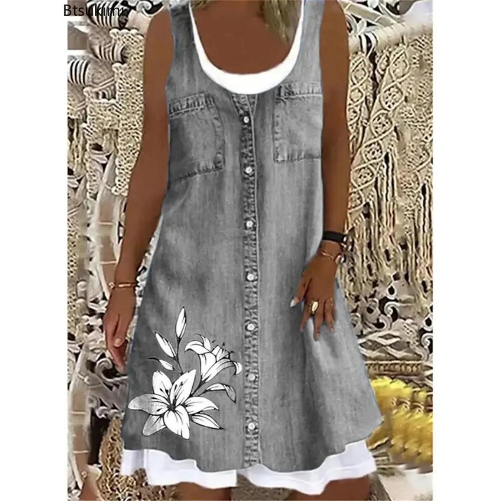 Nouvelle robe 2025 pour femme à impression numérique Fausse pièce deux pièces Imitation Jean Robe Décontractée Ample Col Rond Robe débardeur Femme Vestidos
