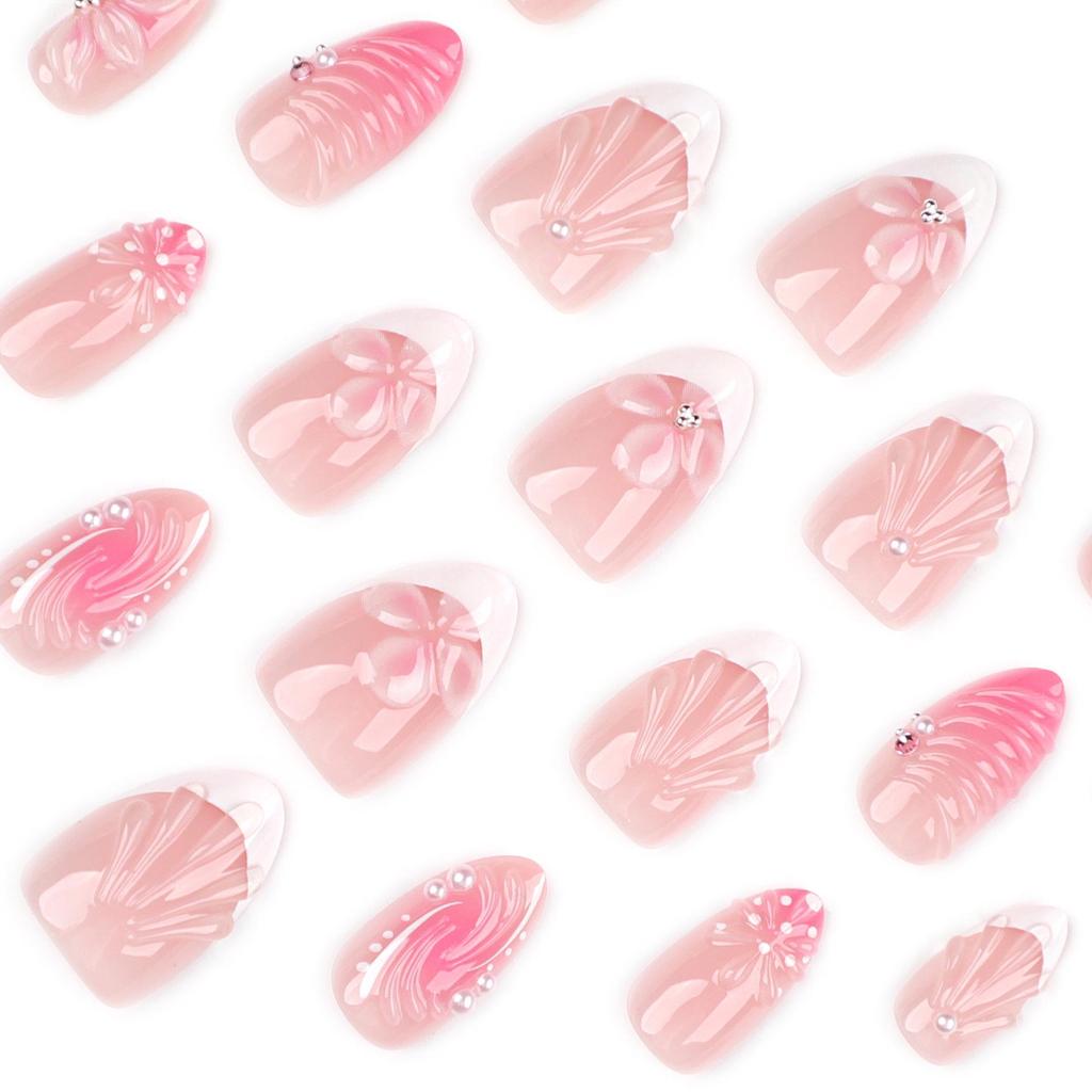 Le Fan Meijia 3D French Almond Pearl Flower Wearable Short False Nails