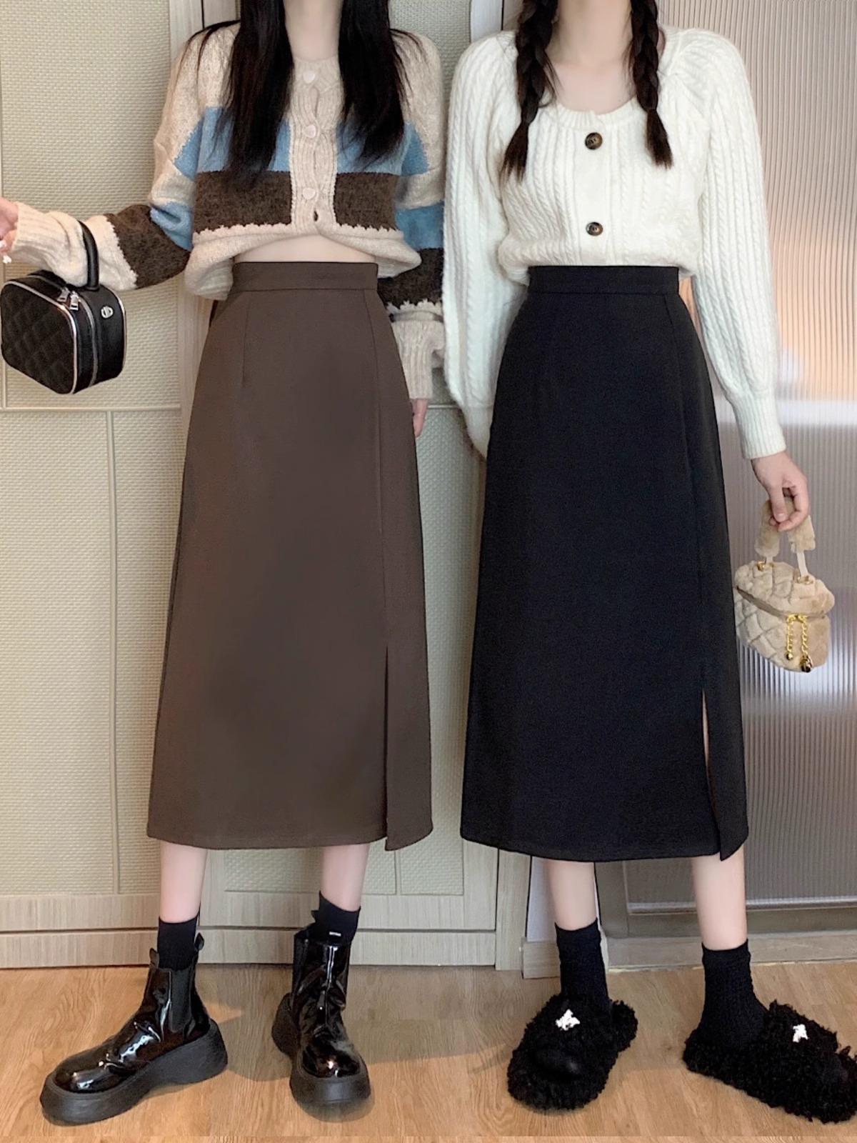 

Women s High Waist A-Line Midi Skirt with Slit - 2024 Korean Spring Fashion XL