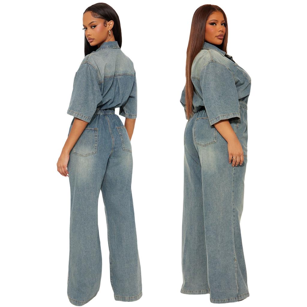 Women Denim Jumpsuit Lapel Collar Button Front Drawstring Waist Wide Leg Pockets Casual Loose Fit Romper