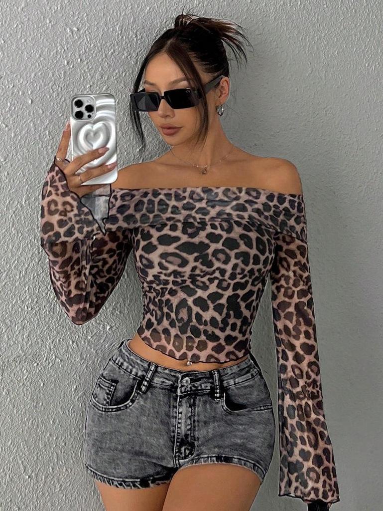2025 Sexy Semi-Sheer One-Shoulder Leopard Print Top for Women - Spring & Autumn Fashion