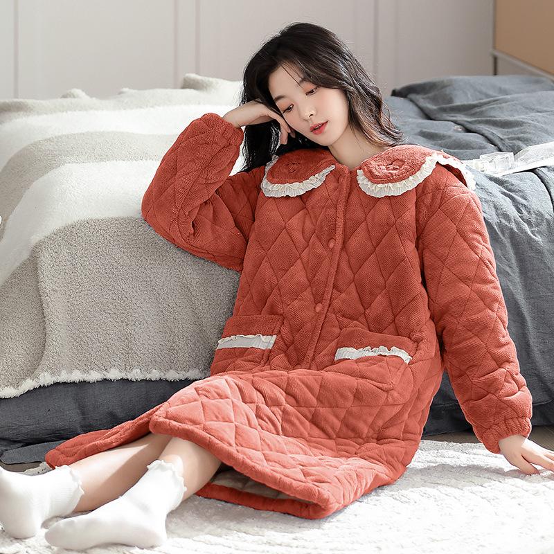 nightgown women's winter coral fleece thickened and piled three-layer padded cotton winter flannel new padded jacket loungewear