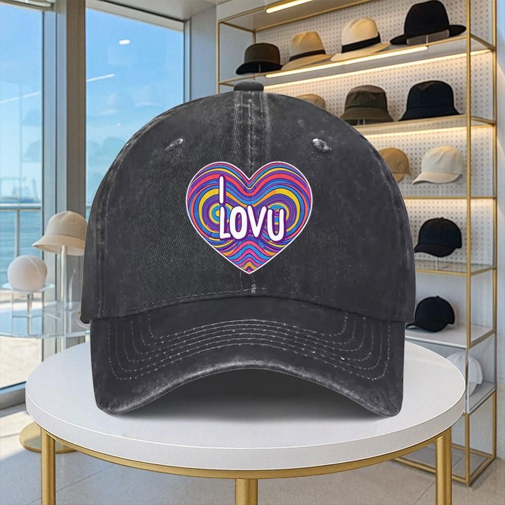 I Love You Heart Print Vintage Baseball Cap Washed Denim Adjustable Casual Street Style Hat