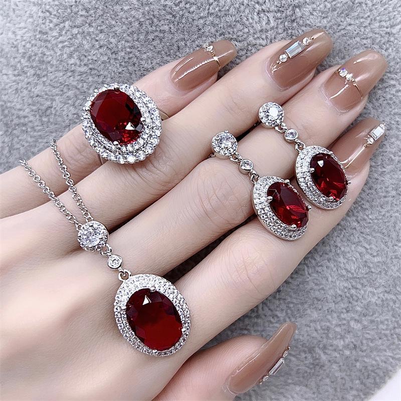European & American Pigeon Blood Ruby Gemstone Jewelry Set: Elegant Earrings, Ring, & Necklace for Women