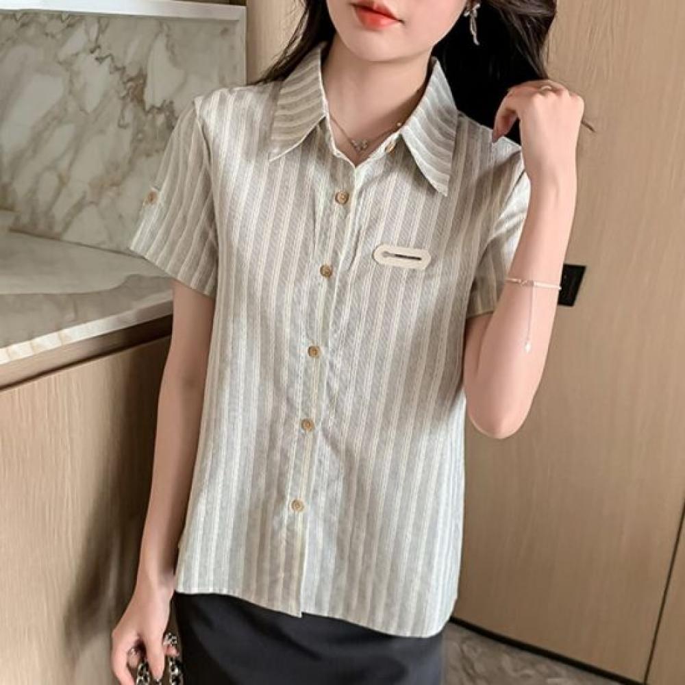 Navava Women Retro Stripe Button Collar Short Sleeve Shirt Blouse Nb3154