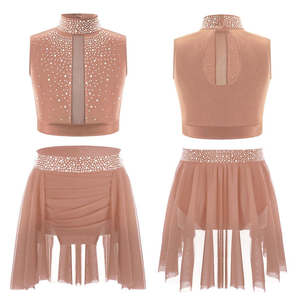 Children’s Sparkle Rhinestone Sleeveless Mock Neck Top Keyhole Back and Ruched Irregular Skirt for Dance Show Practice