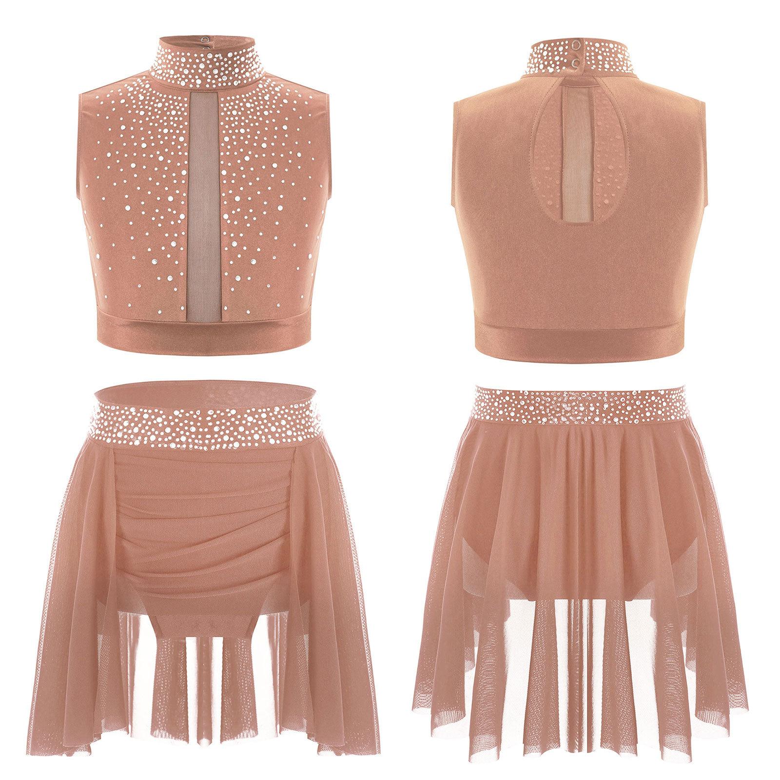

Girls Dance Performance Crop Top Mock Neck Sleeveless Keyhole Back Shiny Rhinestones Ruched Irregular Skirt Outfit Stage Costume 5-6 Years коричневий
