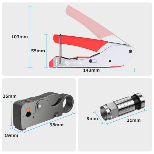 eSynic Coaxial Cable Stripper, 20pcs RG6/RG59 Compression F Connector Wire Crimping Pliers Tool, Coaxial Cable Wire Stripper