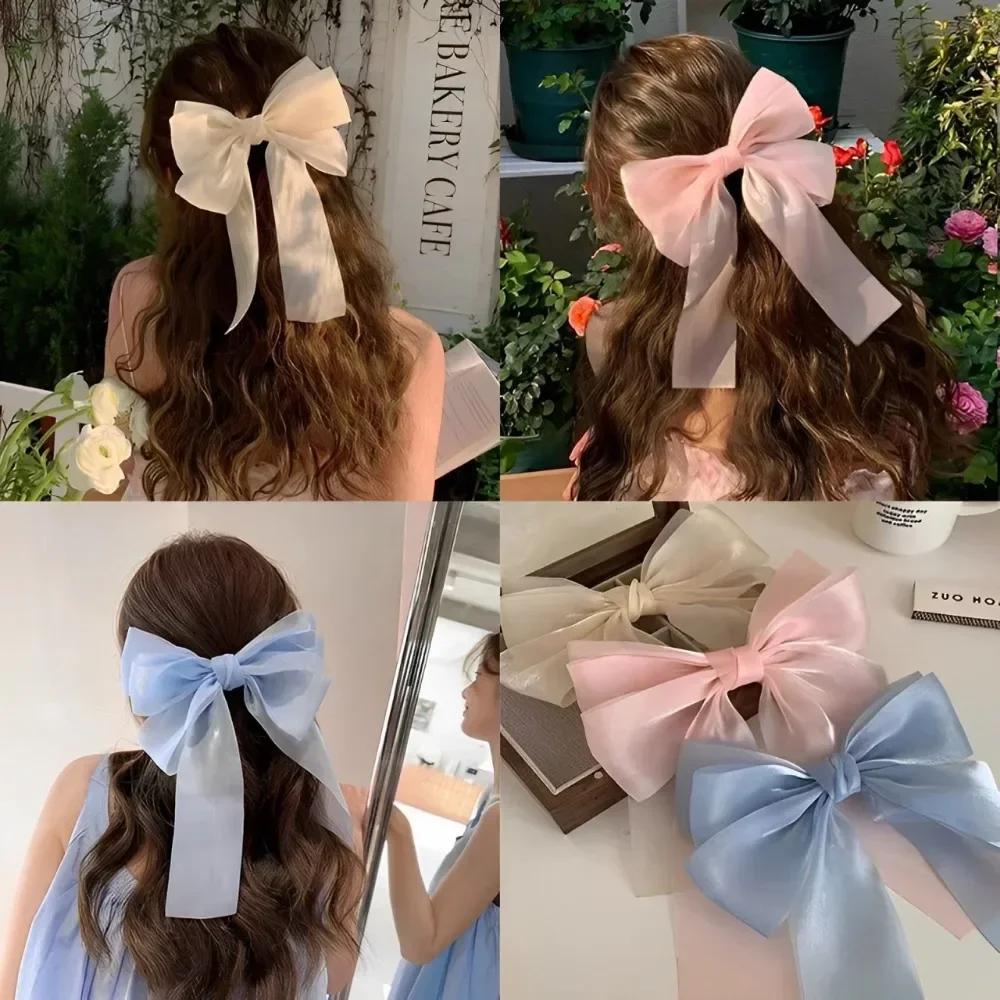 1PCS Blue Pink Big Bow Ribbon Hair Clip Girls Elegant Simple Spring Summer Hair Clip Pins Retro Headband Clips Hair Accessories