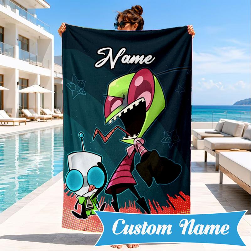 Custom Name Alien Expressions Collection Heart In Space Adventure Microfiber Beach Towel, Lightweight for Summer Travel, Swimming Pool Fan Gift