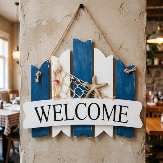 Coastal Welcome Door Sign Nautical Beach Theme Wooden Hanging Plaque with Rope Rustic Door Hanger for Front Door Patio Wall Decor