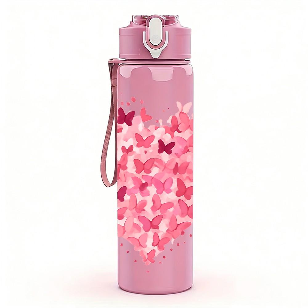 1PC Pink Broken Heart Glitter Art Print 750ml Color Plastic Sports Water Bottle Leakproof Flip Straw Lid Suitable for Sports Office Home Use
