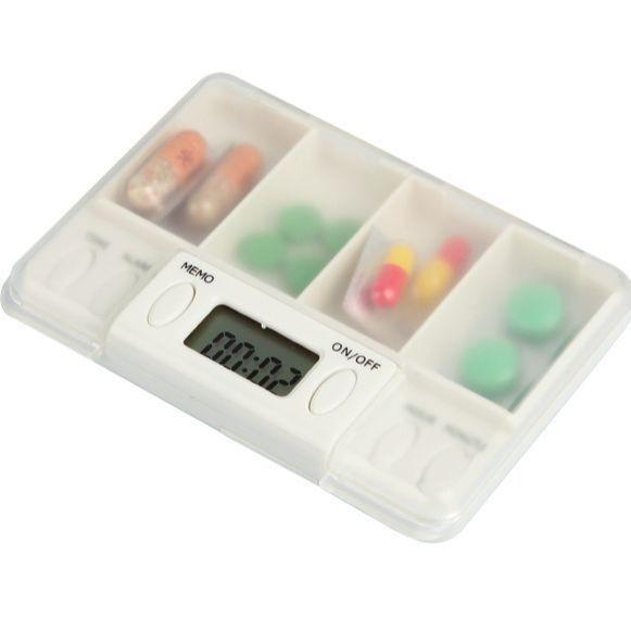 Portable 4 Compartment Smart Pill Box with 8 Group Alarm Reminder for Travel Home Medication Pills Organizer