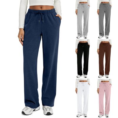 Women's Casual Fashion Color Elastic Waist Drawstring Pockets Wide Leg Straight Pants