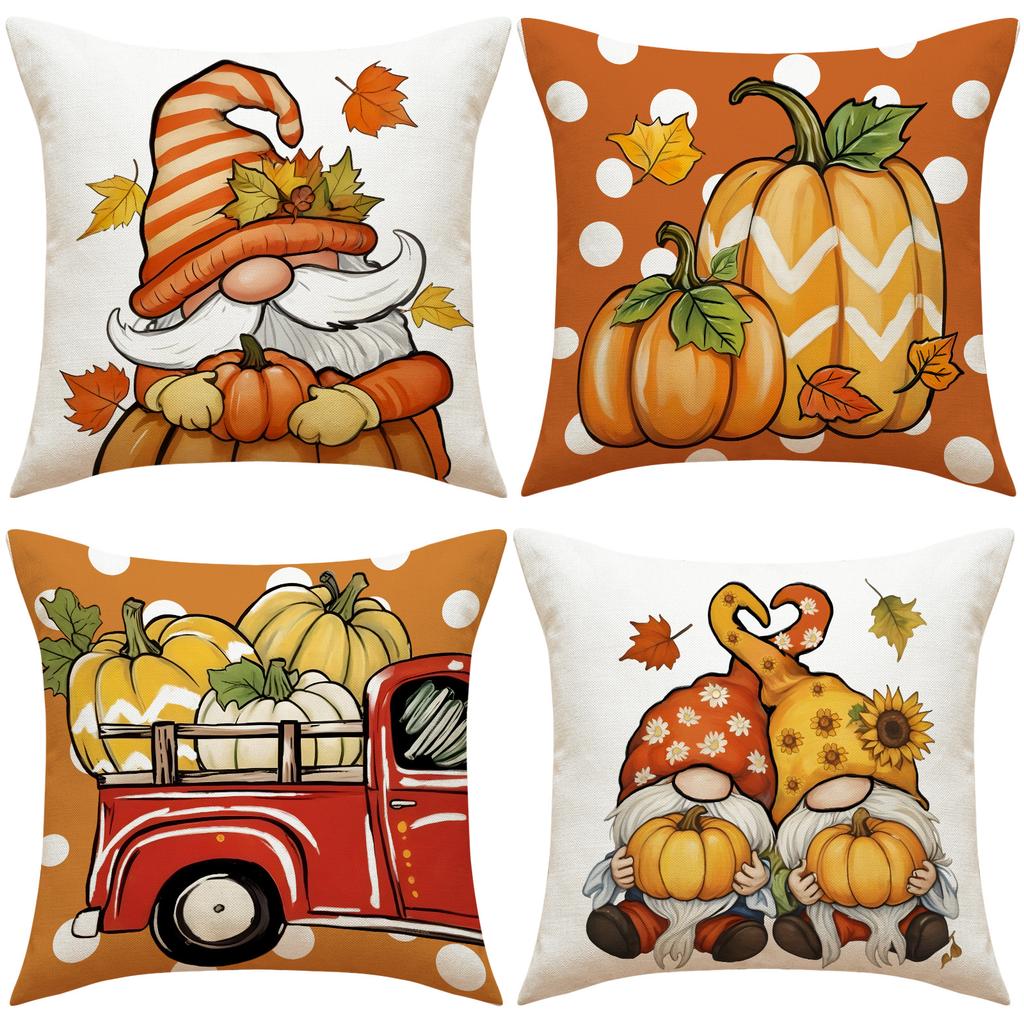 Thanksgiving Pillow Covers,Pumpkin & Autumn Leaf Design, Soft Flannel Sofa Cushion Covers for Home Decor,45x45cm, No Pillow Insert