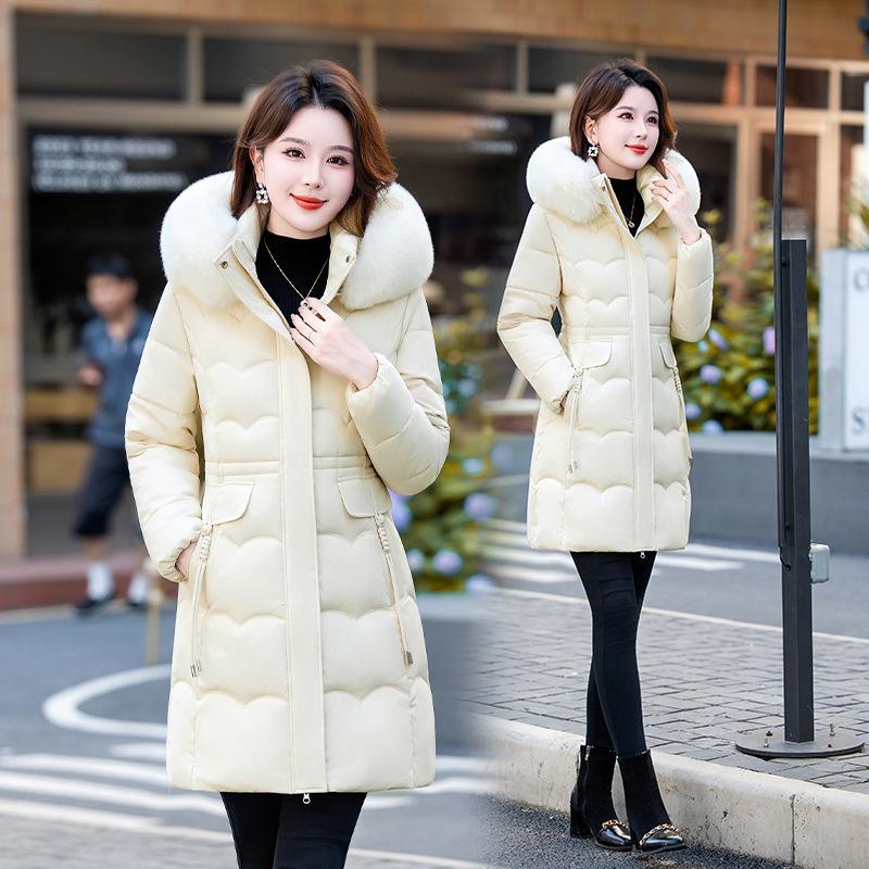 Women's Mid-Length Winter Fur Collar Hooded Cotton Jacket - Fashionable Slimming Warmth