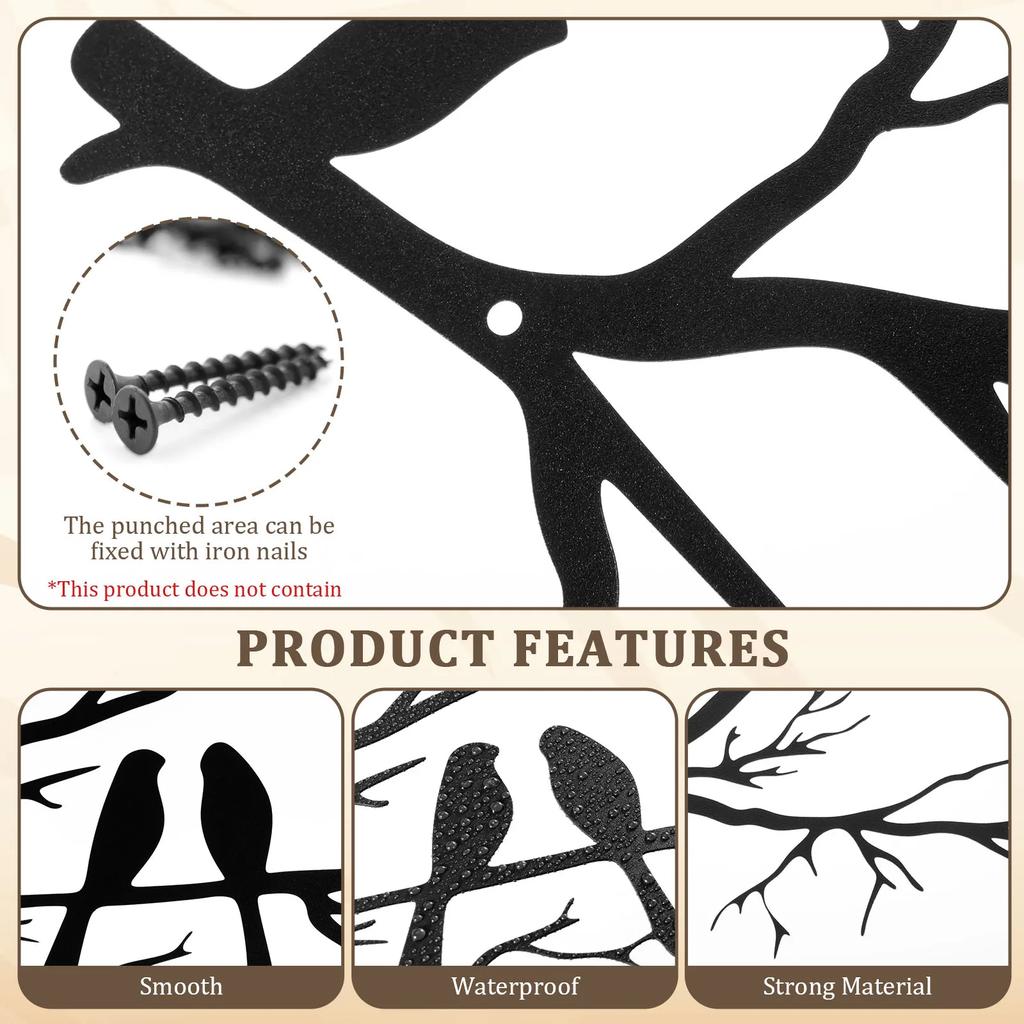 2Pcs Black Iron Branch Bird Style Wall Art Smooth Surface Branch Bird Silhouette Wall Decor for Home Balcony Garden