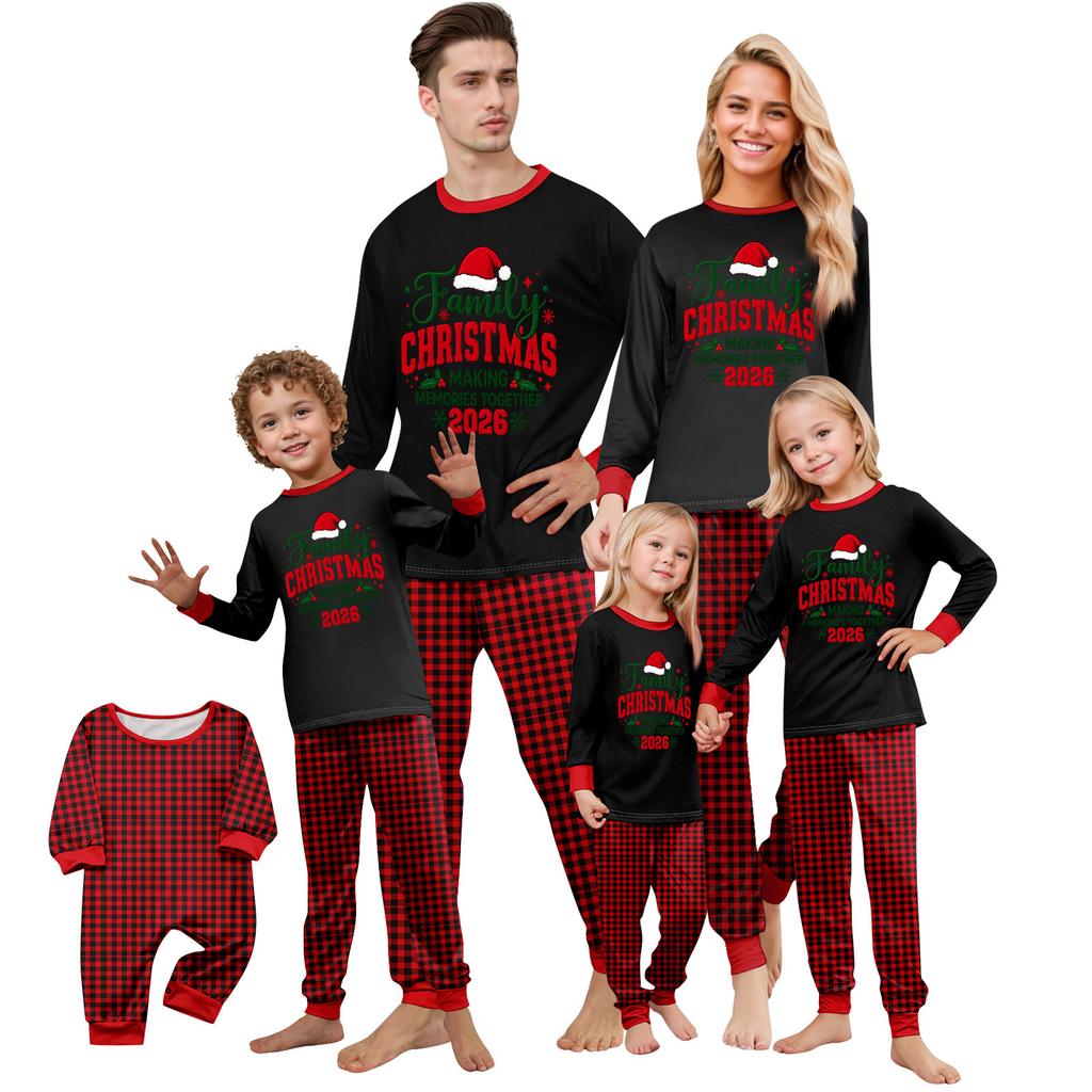 Matching Family Christmas Pajamas Set Long Sleeve Round Neck Top and Pants Loungewear for Women Men and Kids