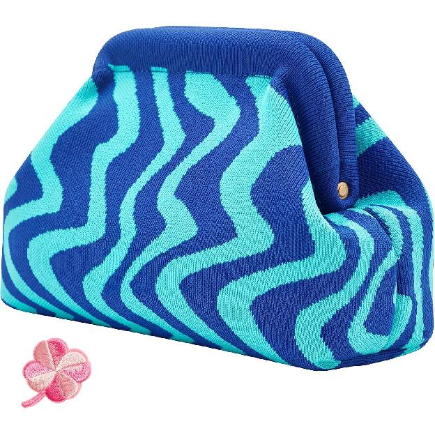 Woven Clutch Purses for Women, Summer Beach Crochet Striped Dumpling Bag Evening Handbag with Romantic Lucky Clover