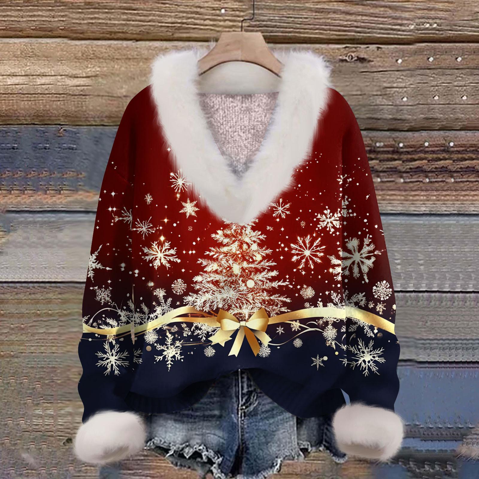 

Женская мода повседневный рождественский принт с длинным рукавом и V-образным вырезом пуловер для волос XXXL