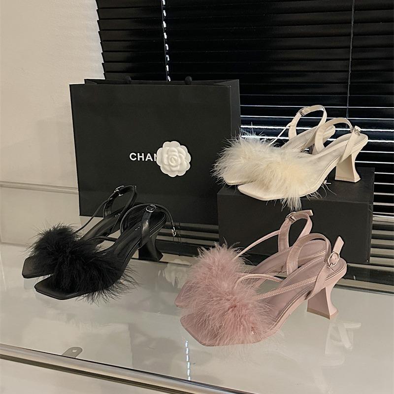 Square Head Thick Heel High Heels Fairy Summer Wear 2025 New Thin Heel Buckle with Mezzanine Toe Feather Sandals