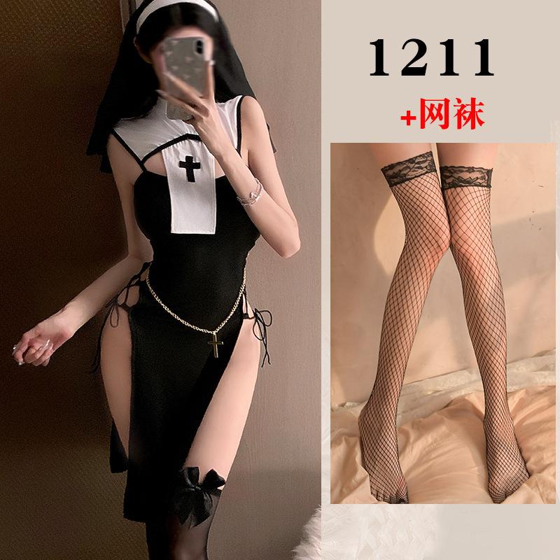 Sexy Summer High Slit Cheongsam Nun Dress Role-playing Uniform Dress Elegant Tank Mini Dress Sweet SM Exotic Women Dress 3XPC
