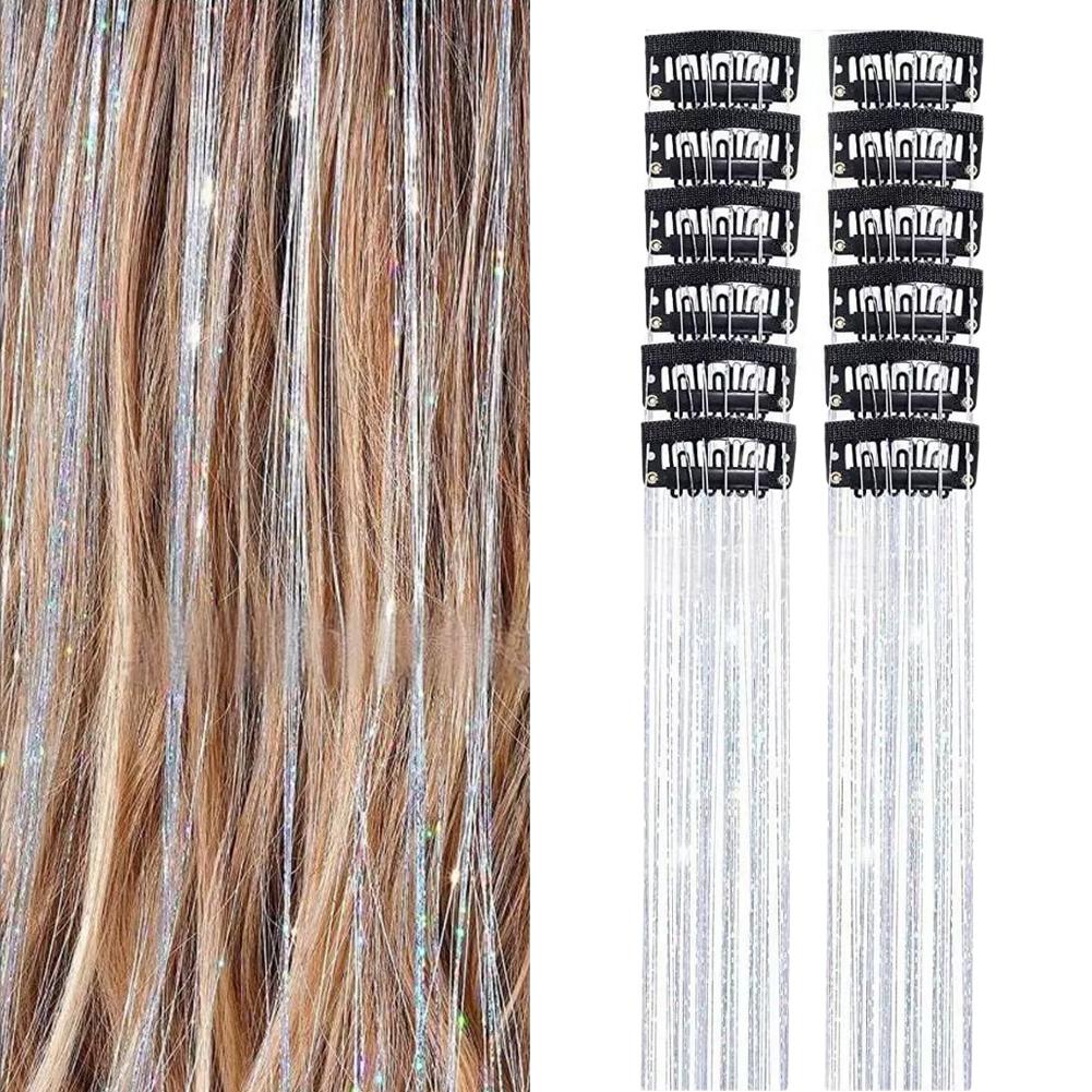12Pcs Hair Tinsel Clip In 19.7" Glitter Tinsel Hair Extensions Synthetic Clip In Sparkle Hair Accessories For Kids Girls Women