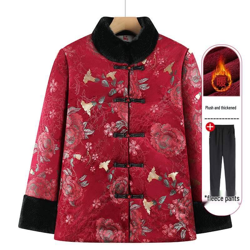 Winter Cotton Jacket for Elderly Women, Plus Velvet Thickened, Chinese Style, Ideal for Women Aged 70-80.