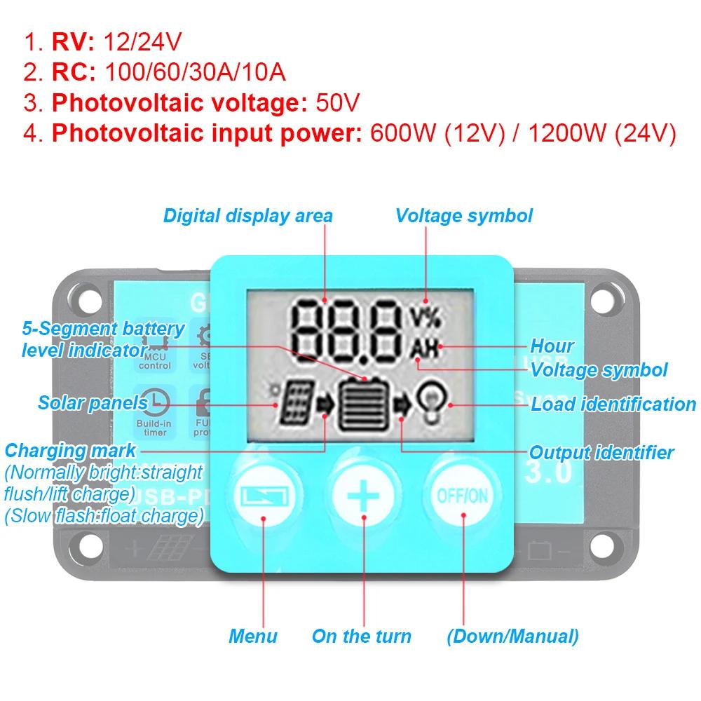 MPPT solární regulátor nabíjení 10A 12V/24V s vícenásobnou ochranou, regulátor solárních panelů s LCD displejem, rychlé nabíjení 3.0, nabíječka baterií