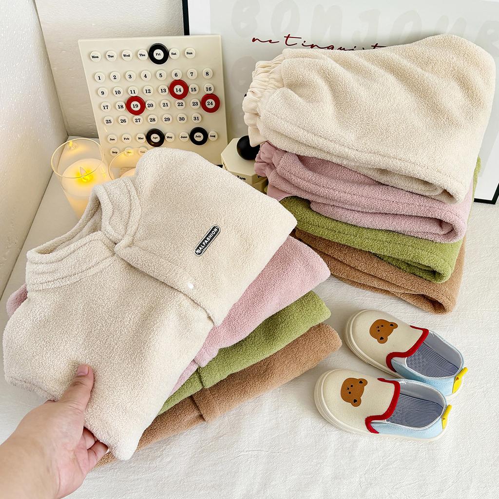 Children's Fall/Winter Reversible Fleece Korean-Style Set: Cute Stand-Up Collar Fleece Jacket + Pants, Thickened Two-Piece Set