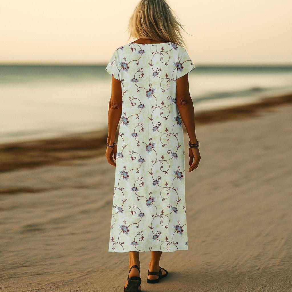 Summer Dress Women's Long Boho Beach Dress Elegant Maxi Dress V-Neck Short Sleeve Summer Tunic Dress Light Airy