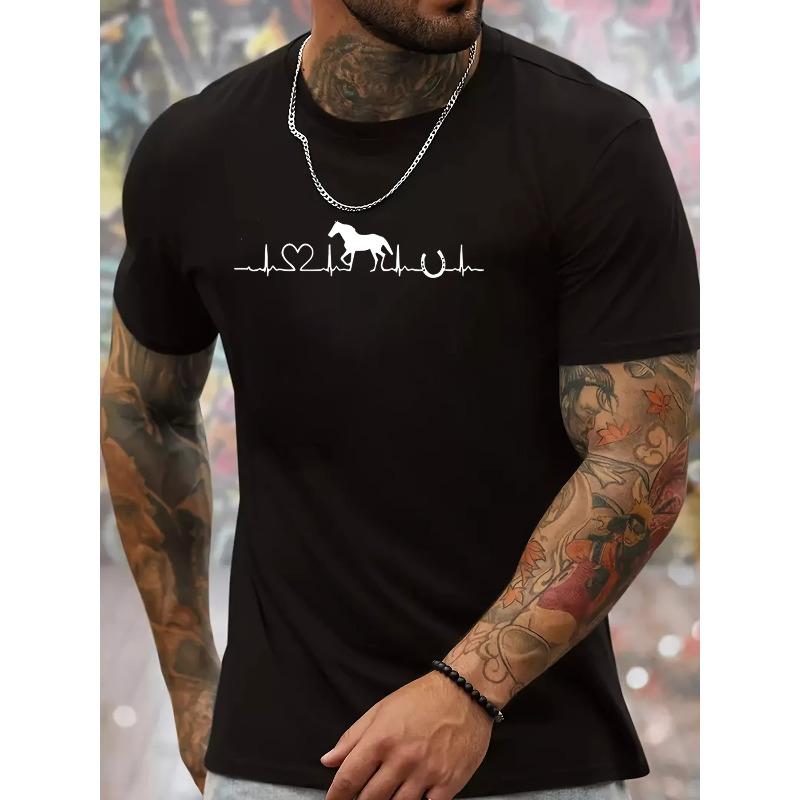 

Horse Heartbeat Print Men s Casual T-shirt, Short Sleeve Versatile Comfy Tee Tops For Summer Outdoor 4XL чорний