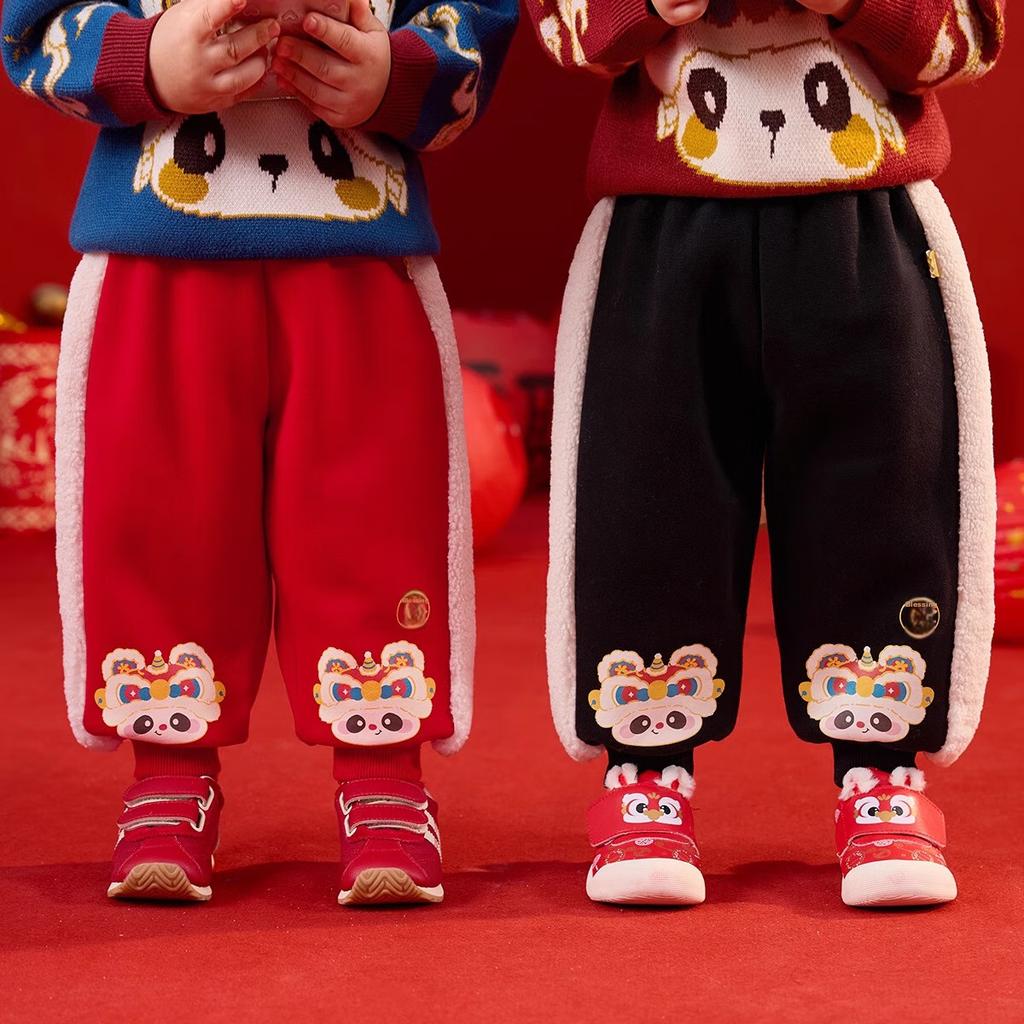 Dudujia Fleece-Lined Long Pants for Babies, Winter Red Thick Trousers for Boys And Girls, Children's New Year Outfit, Black, Size 90