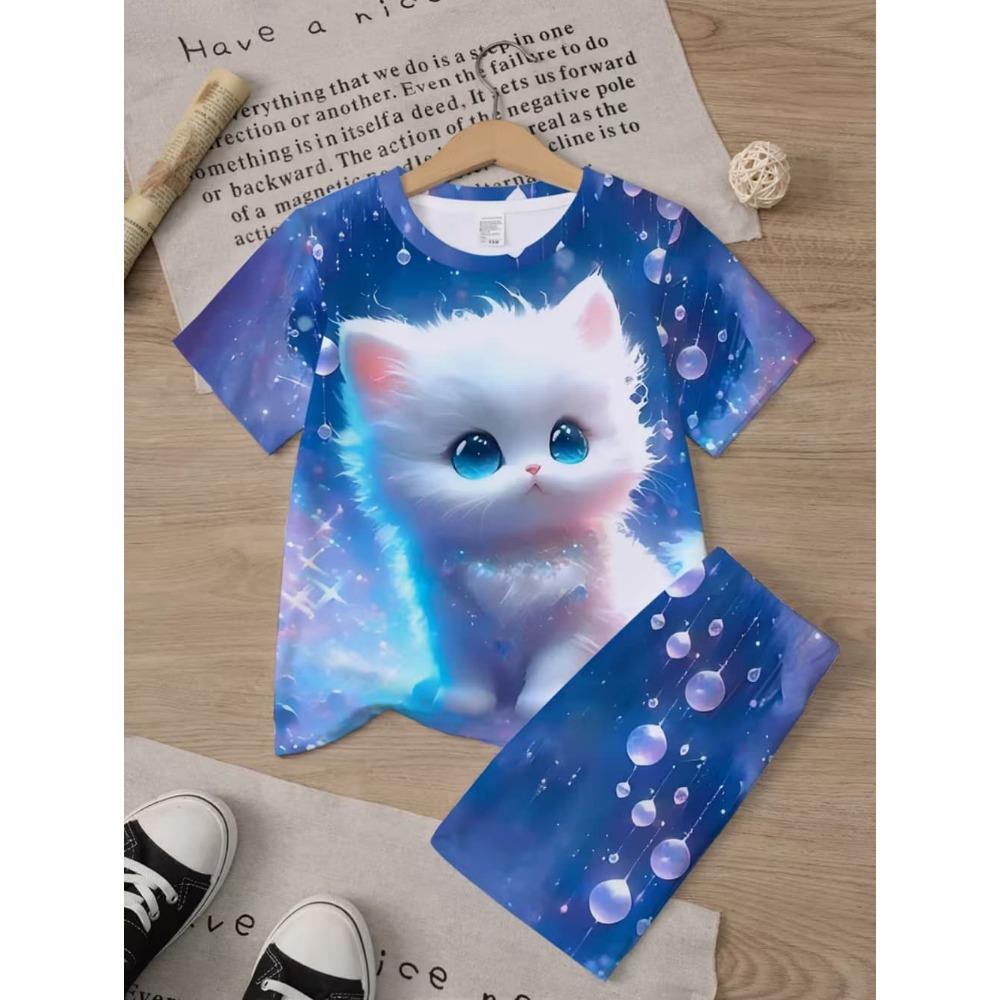 

Children s Cat T-Shirt Shorts Set Summer Casual Girl Clothes Short Sleeve Kids Sets for Children Tops Outdoor Sport Girl Outfits 160