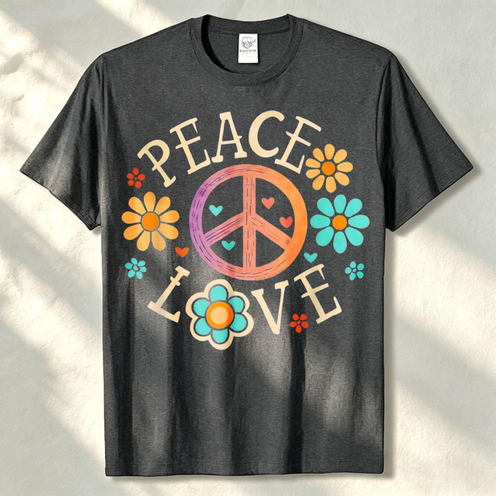 Retro 60s 70s Hippie Peace Love Graphic Tshirt Cotton With Colorful Floral Design Casual Crew Neck Tee For Unisex Clothing Tops