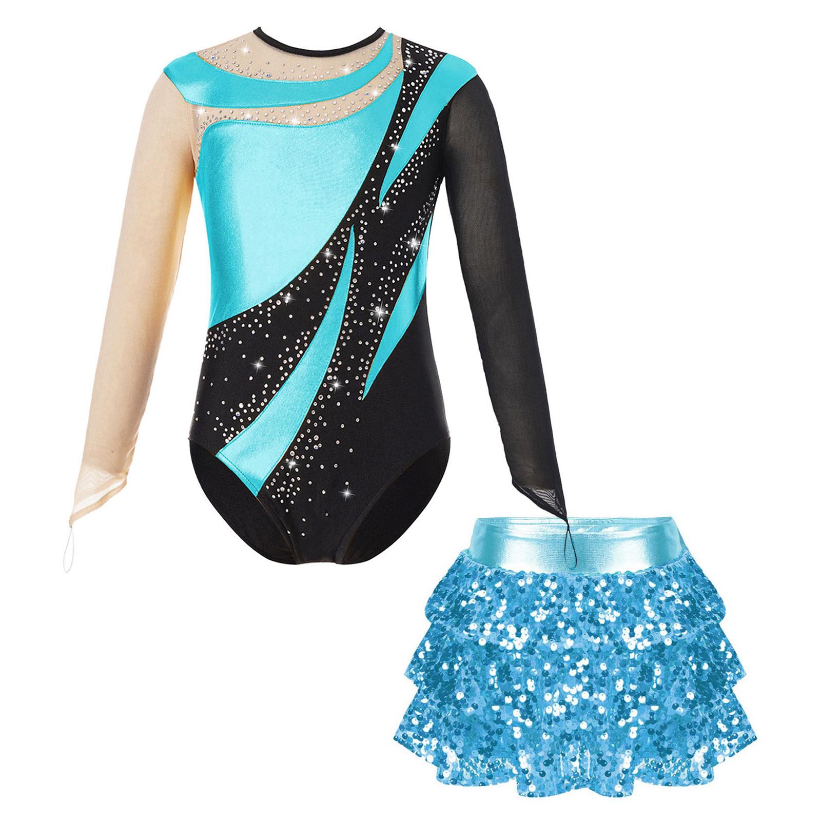 

Набір для танцювального виступу для дівчаток З довгим рукавом Тріко Ключовий отвір на спині Блискучі Паєтки Платкова робота Багатоярусні Волани Шорти 13-14 Years бірюзовий