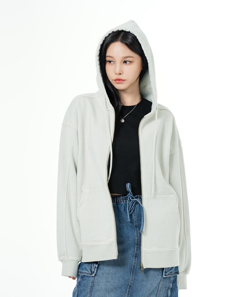 Mozmoz Heavyweight Pigment Cut Two-Way Oversized Zip-Up Hoodie Beige