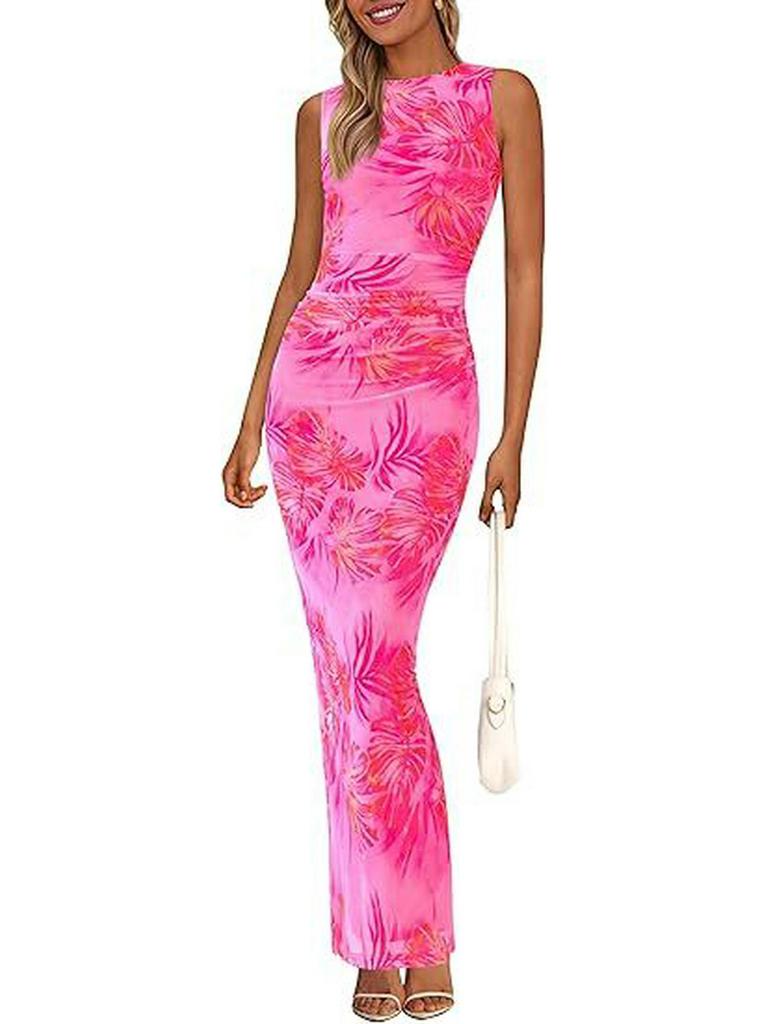2024 Women's Floral Ruched Mesh Bodycon Dress - Sleeveless, Round Neck