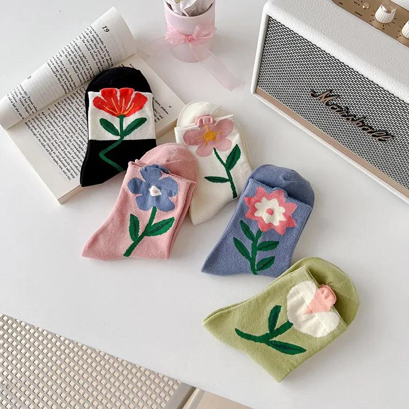 5 Pairs Lot Women Socks Cotton Japanese Korean Style Cute Flower Print Hajuruku Kawaii Floral Breathable Casual Sweet Socks