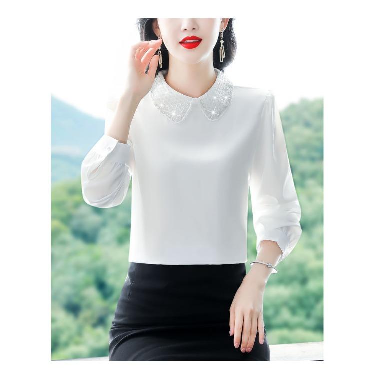 Elegant Rhinestone Long Sleeve Shirt Loose Fit Women Blouse Spring Autumn Trendy Plus Size Top Slimming